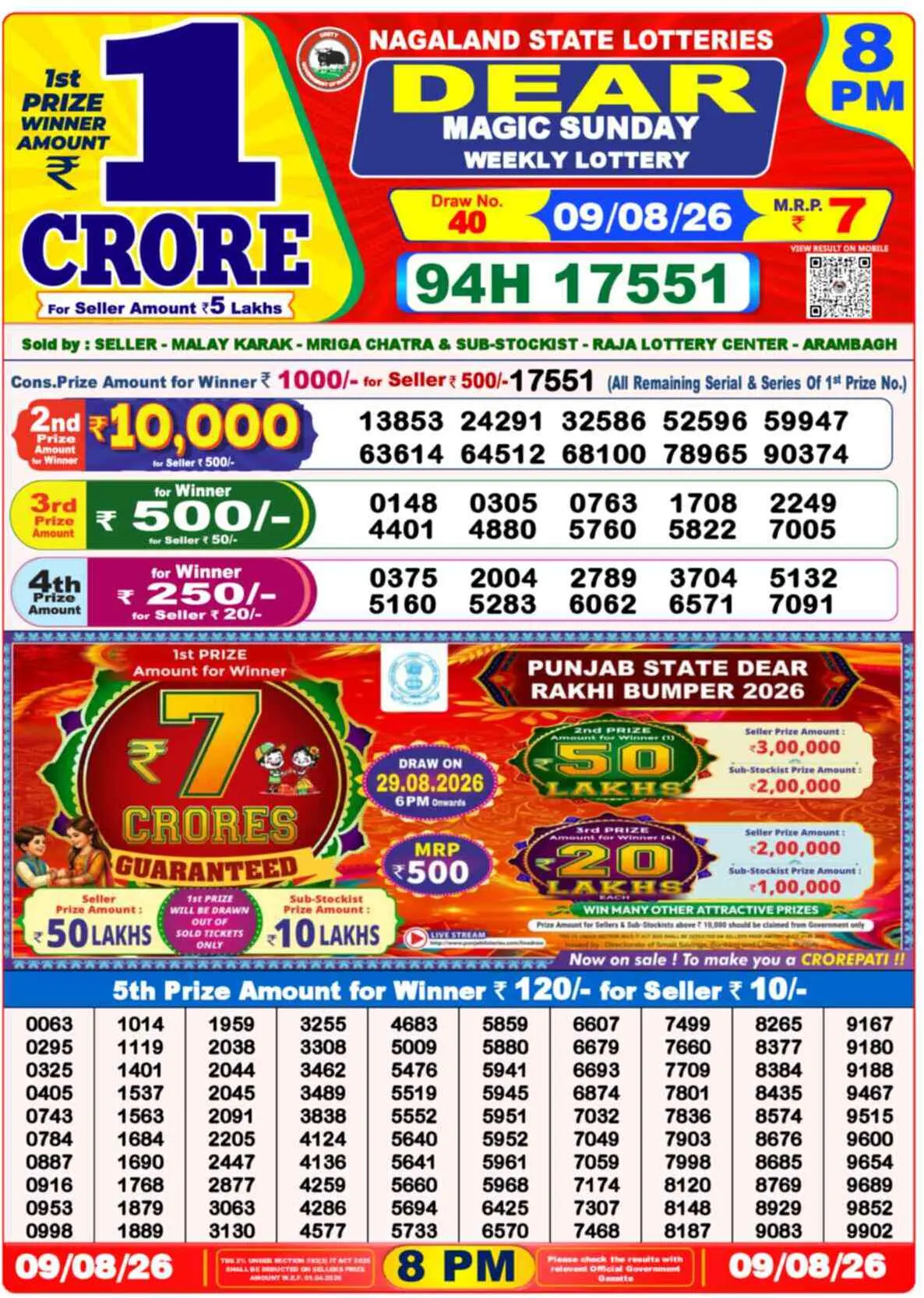 Dear Lottery Result 8 PM - 09 August 2026