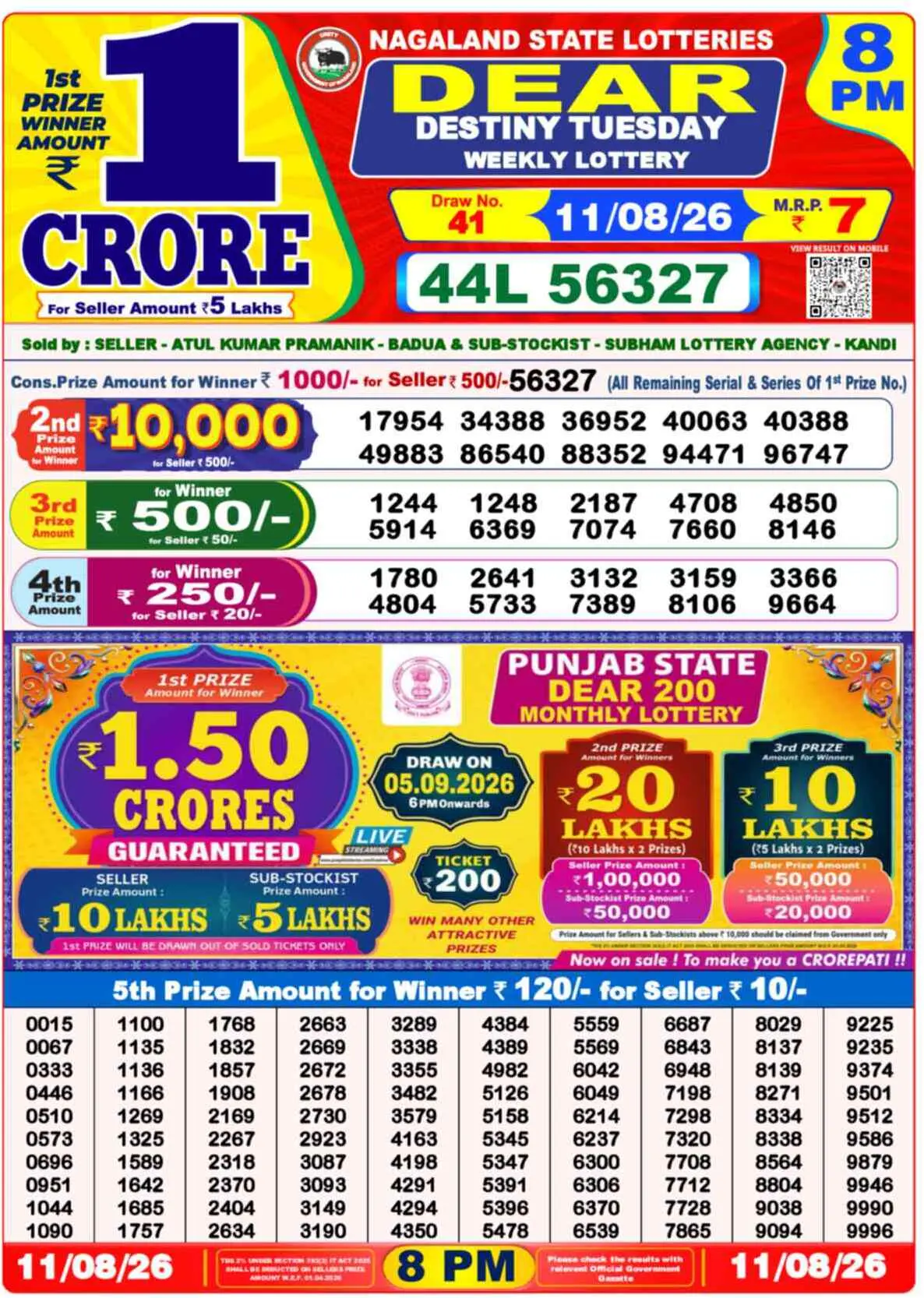 Dear Lottery Result 8 PM - 11 August 2026
