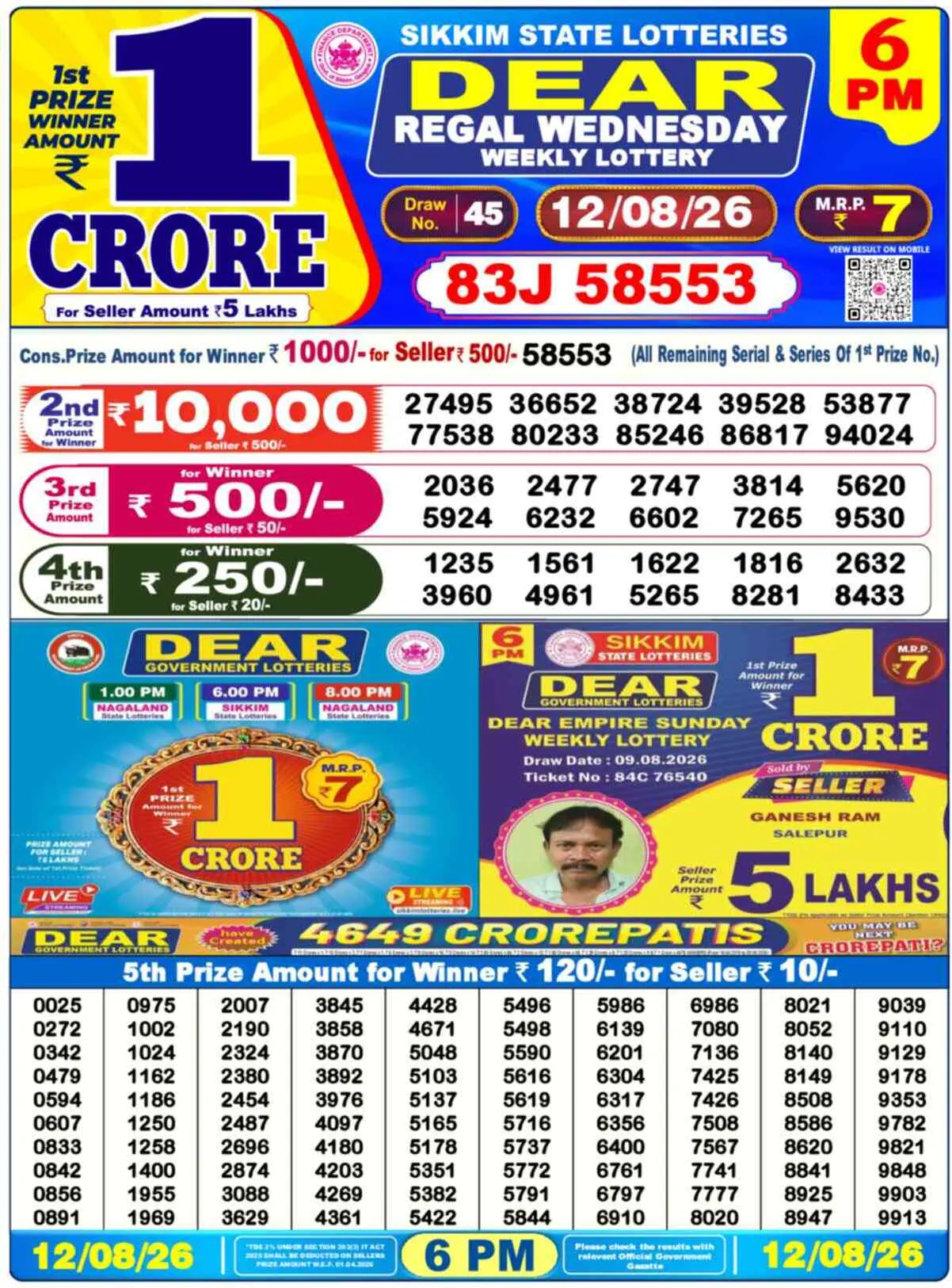 Dear Lottery Result 6 PM - 12 August 2026