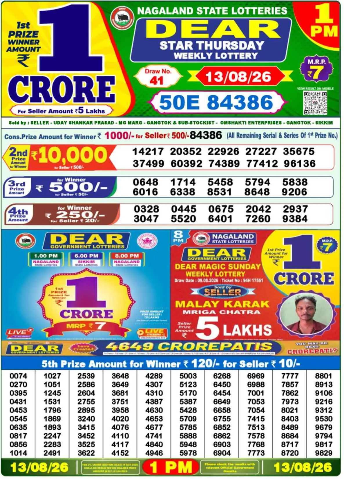 Dear Lottery Result 1 PM - 13 August 2026