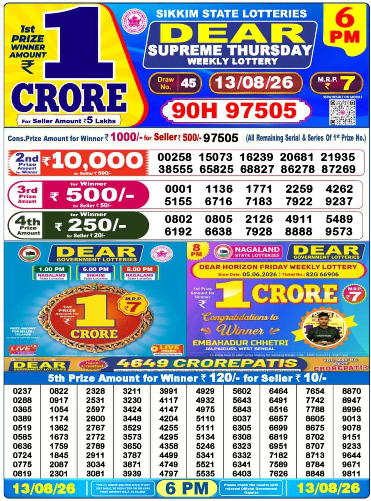 Dear Lottery Result 6 PM - 13 August 2026