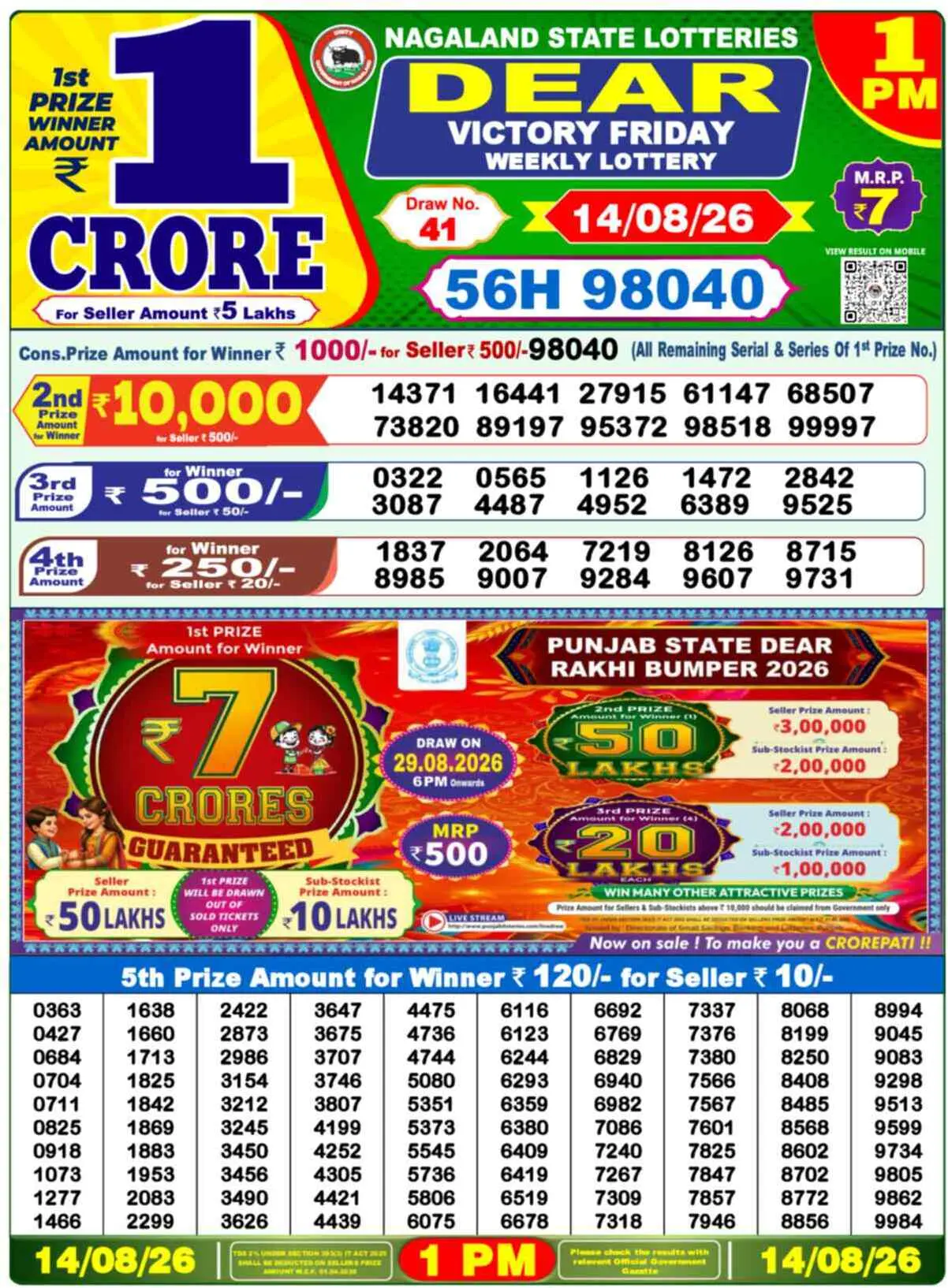 Dear Lottery Result 1 PM - 14 August 2026