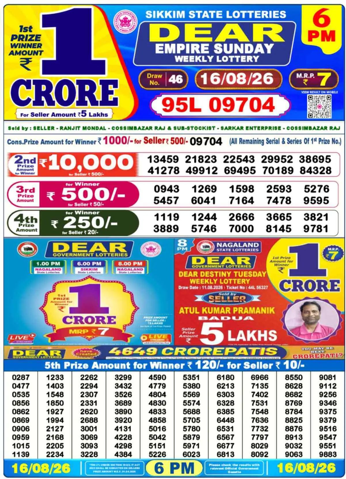 Dear Lottery Result 6 PM - 16 August 2026