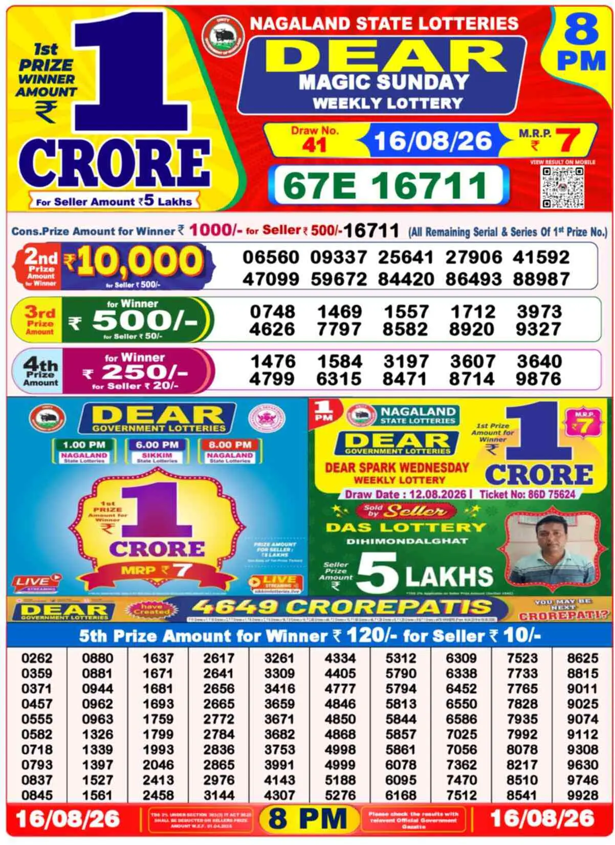Dear Lottery Result 8 PM - 16 August 2026