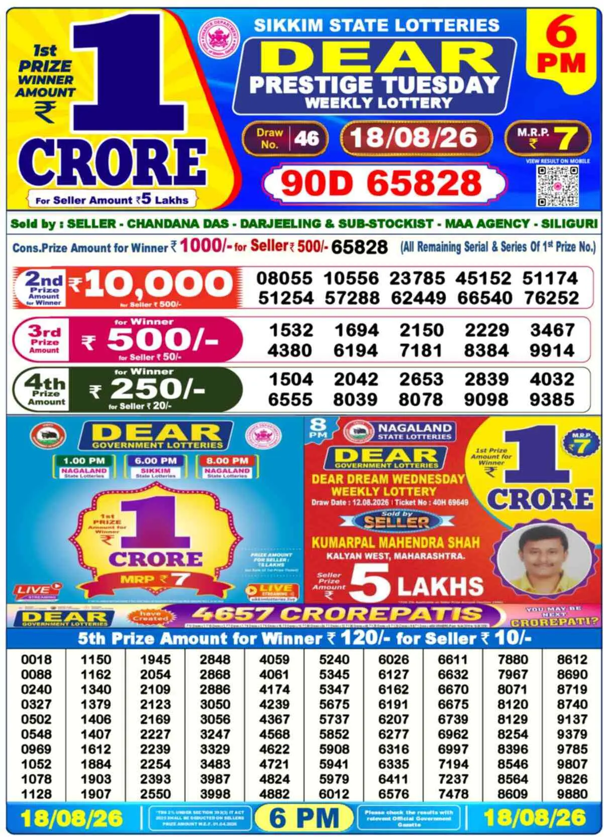 Dear Lottery Result 6 PM - 18 August 2026