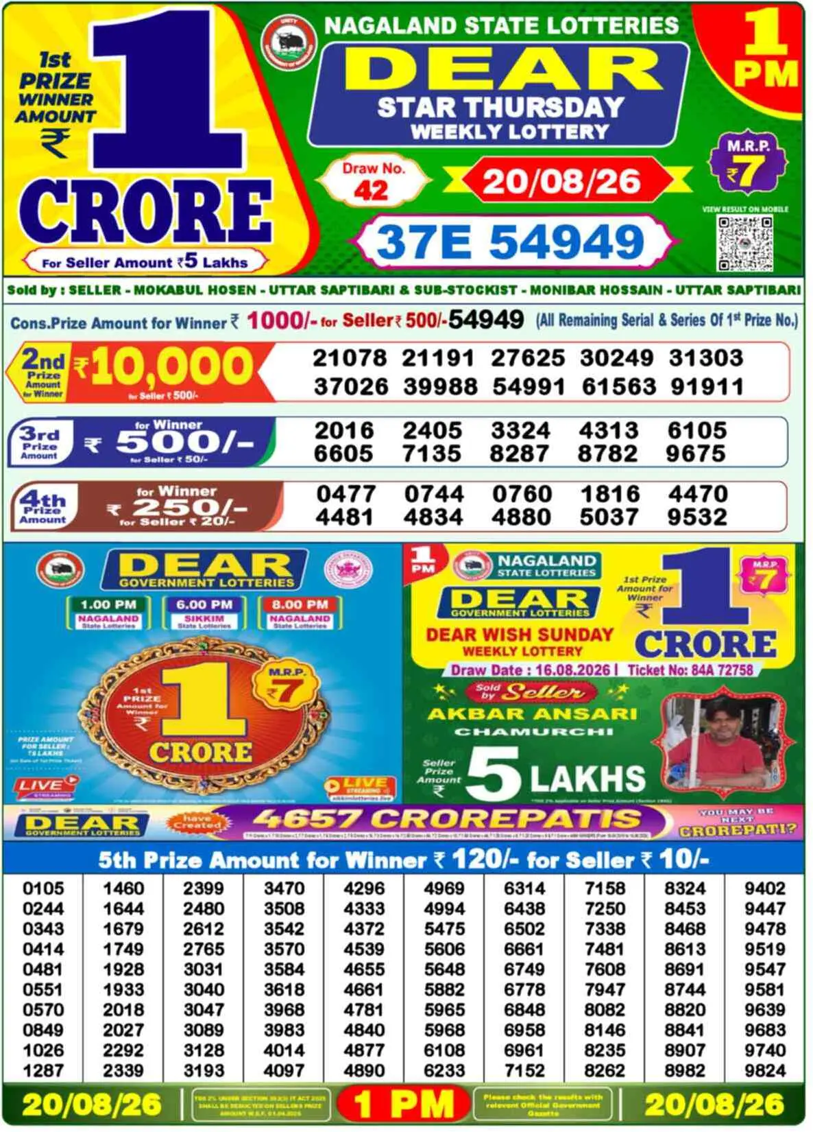 Dear Lottery Result 1 PM - 20 August 2026