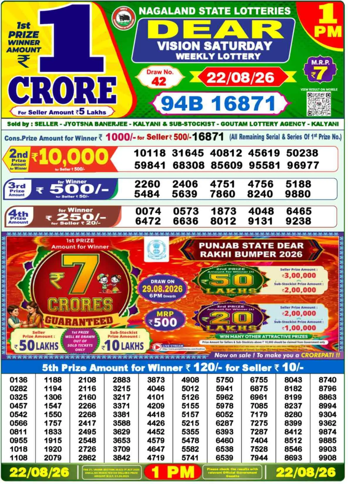 Dear Lottery Result 1 PM - 22 August 2026