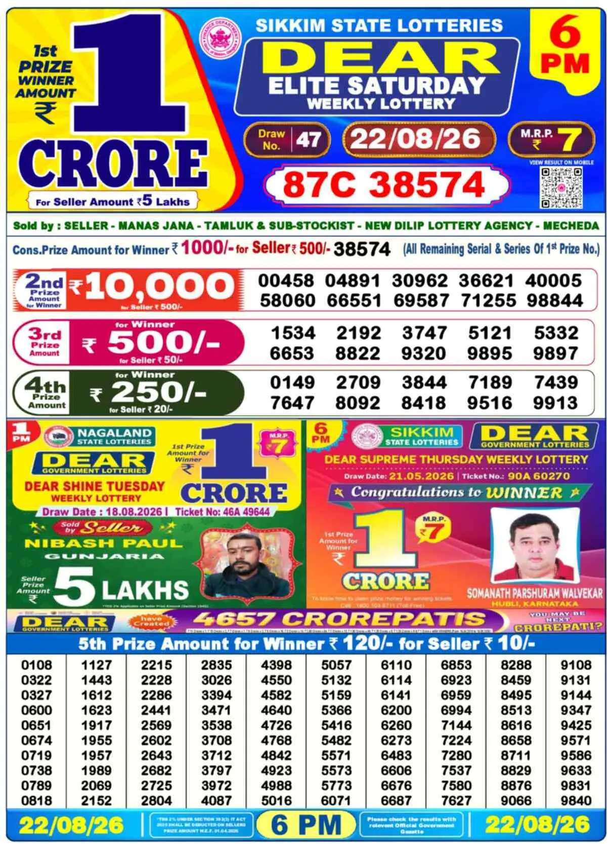 Dear Lottery Result 6 PM - 22 August 2026