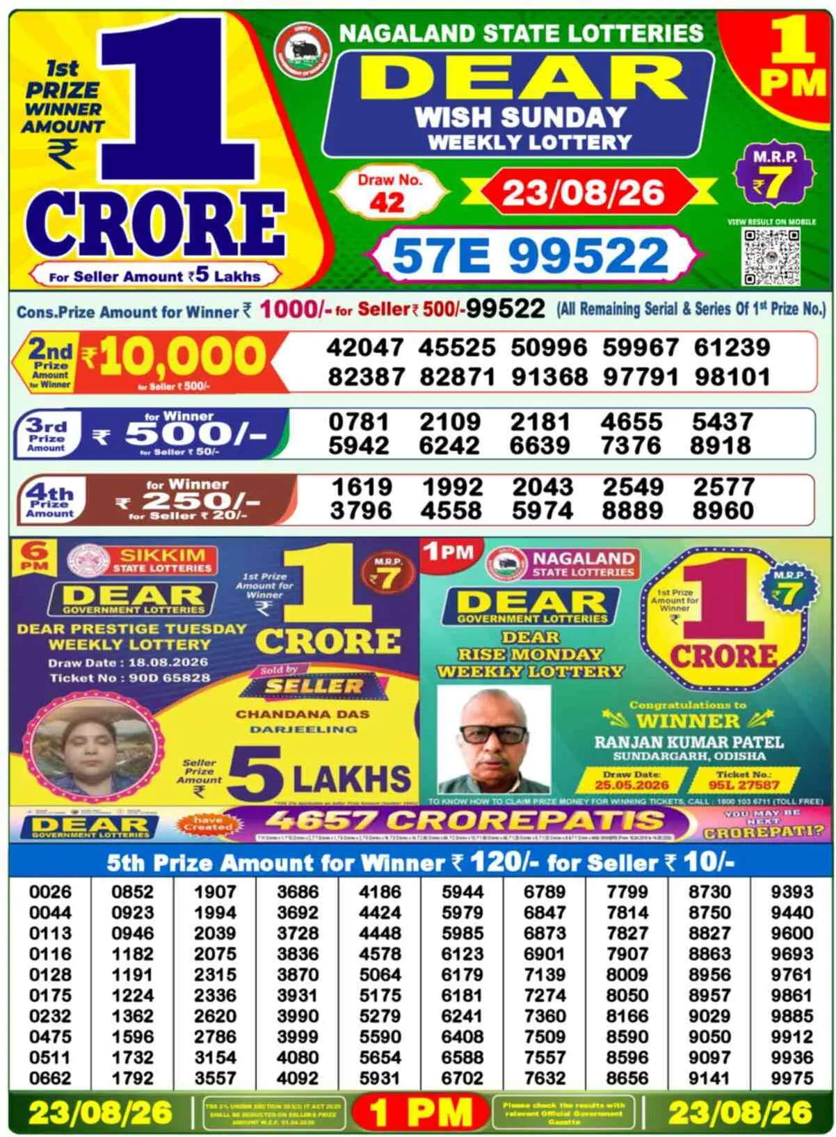 Dear Lottery Result 1 PM - 23 August 2026