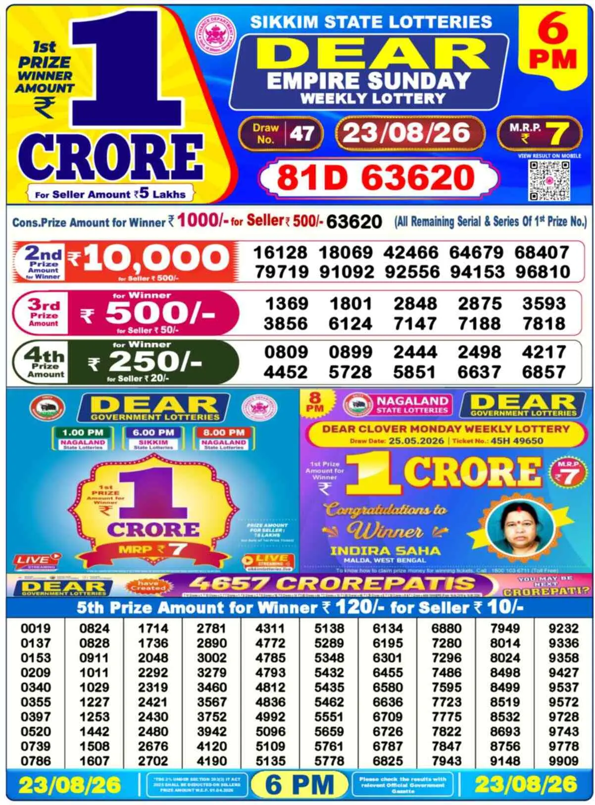 Dear Lottery Result 6 PM - 23 August 2026