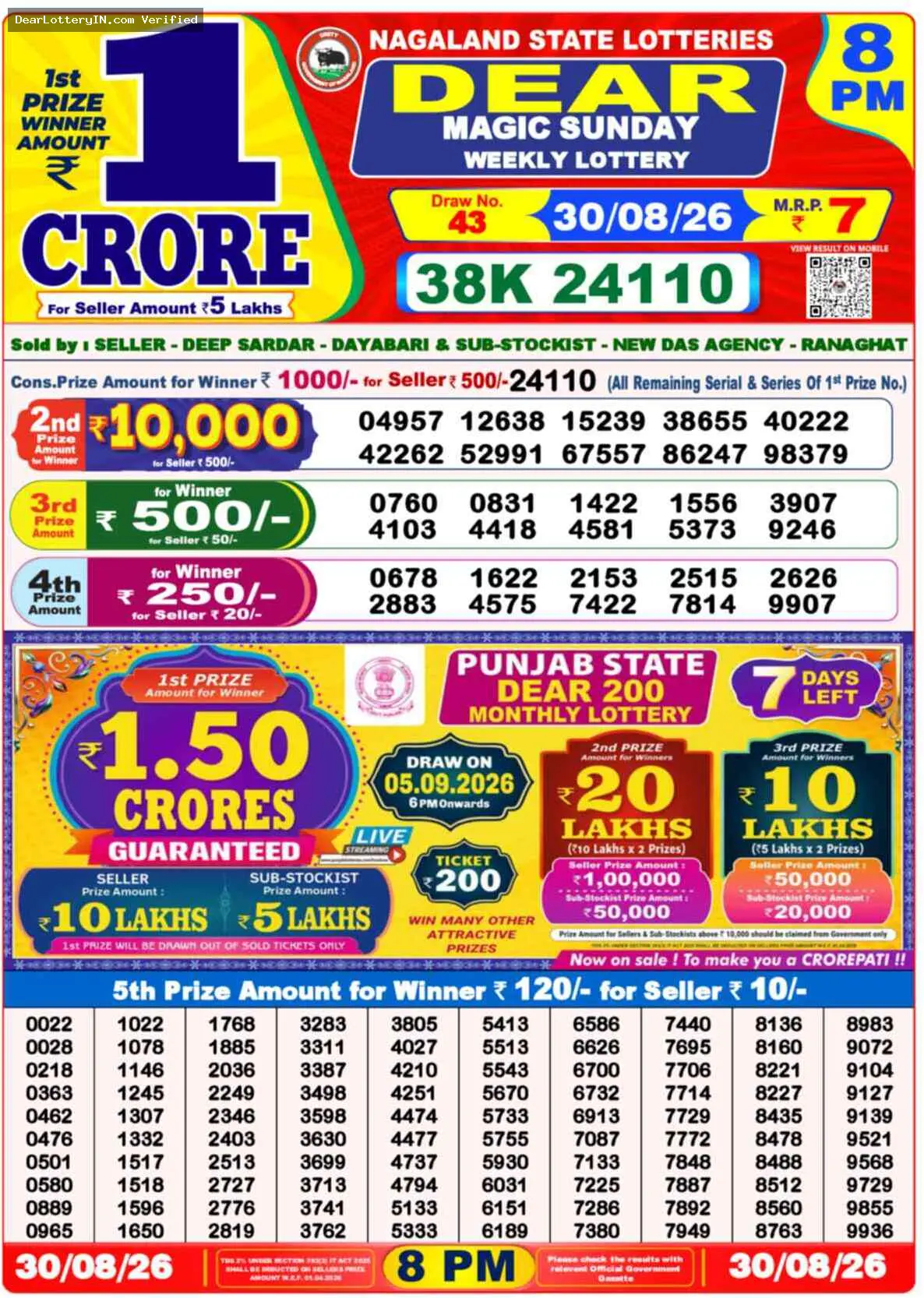 Dear Lottery Result 8 PM - 30 August 2026
